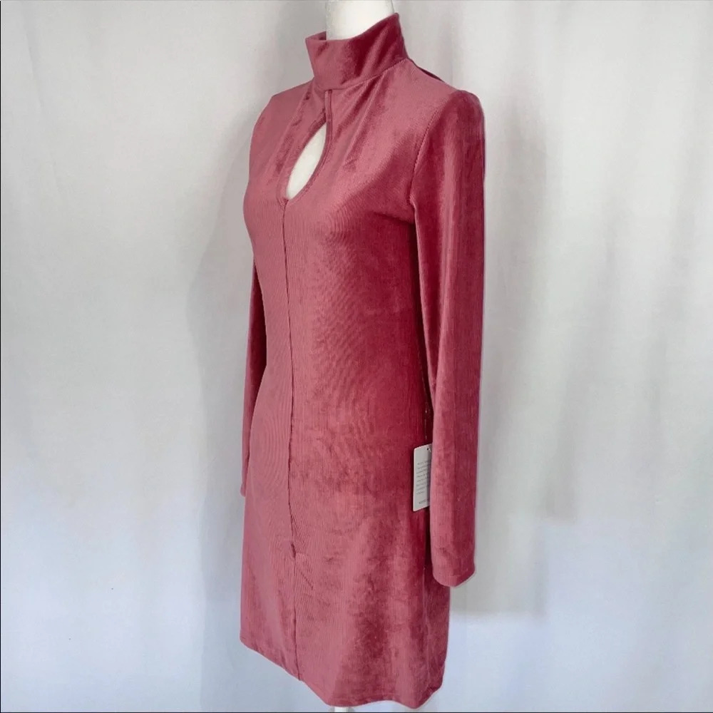 Dual Nature Keyhole Rib Velour Dress Mock Neck Long Sleeve Mini Mauve XS